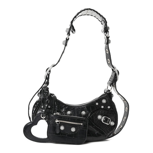 Balenciaga Extra Supple Calfskin Crystal Crocodile Embossed Le Cagole Shoulder Bag XS Black