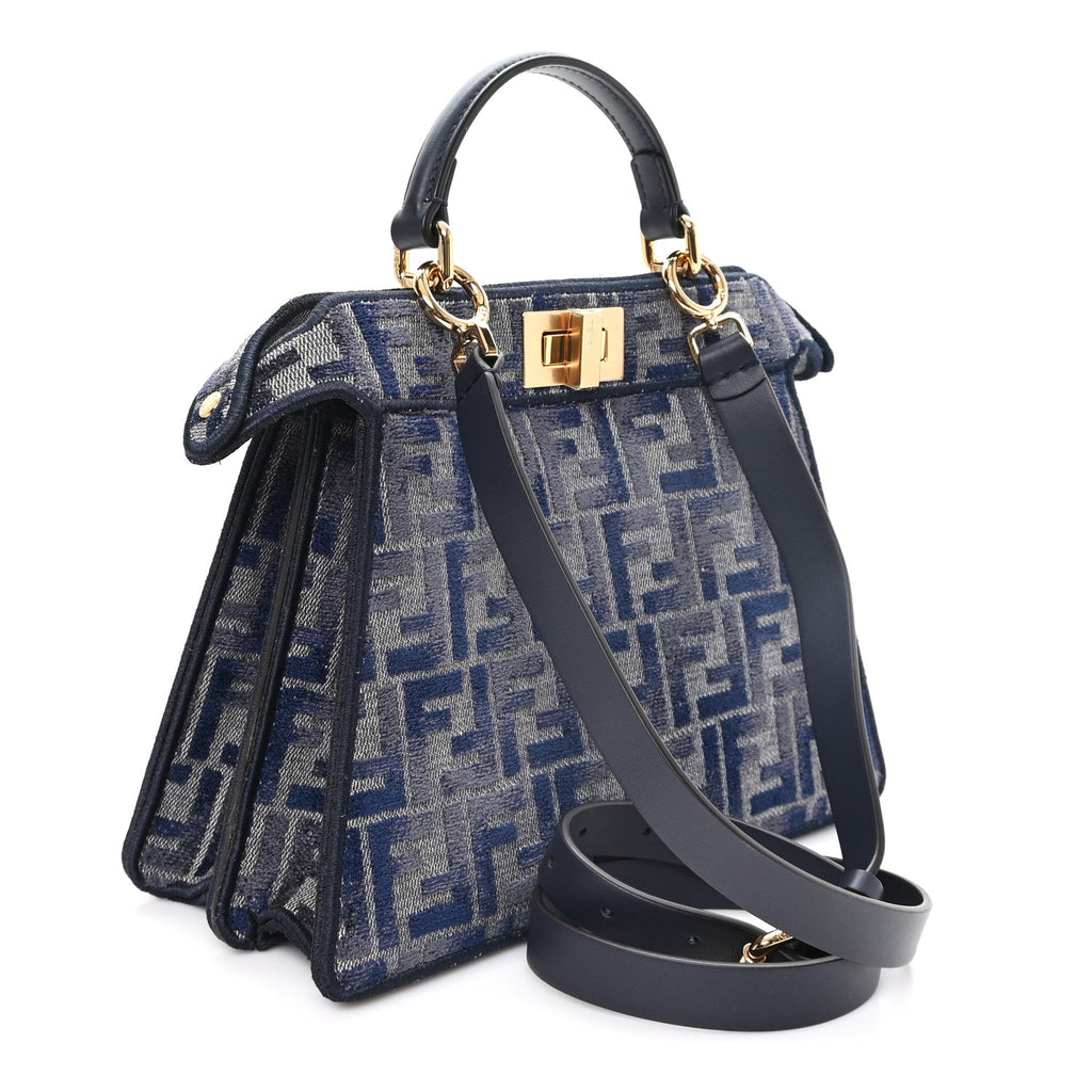 Fendi Chenille Vitello Seta FF Small Peekaboo I SEE U Satchel Grigio Blue Notte