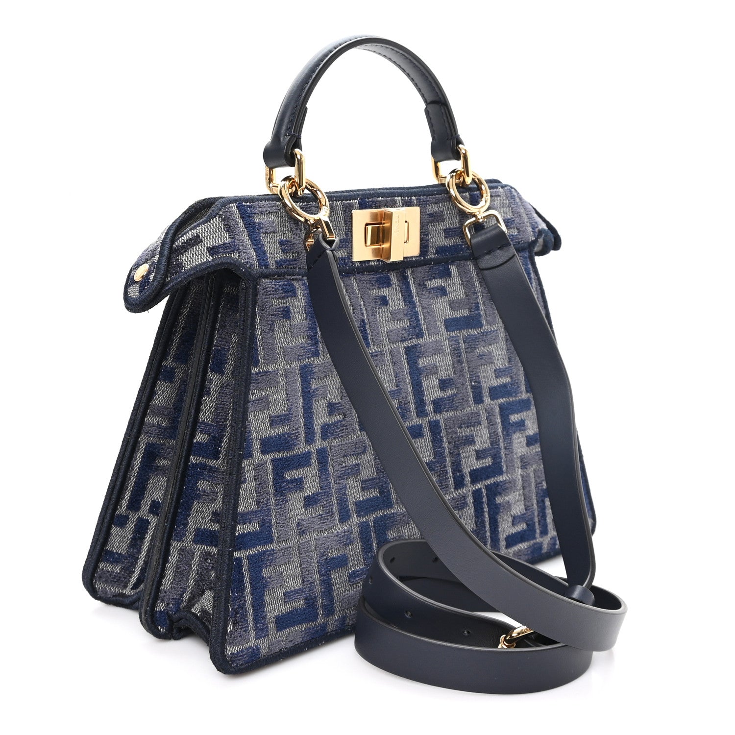 Fendi Chenille Vitello Seta FF Small Peekaboo I SEE U Satchel Grigio Blue Notte