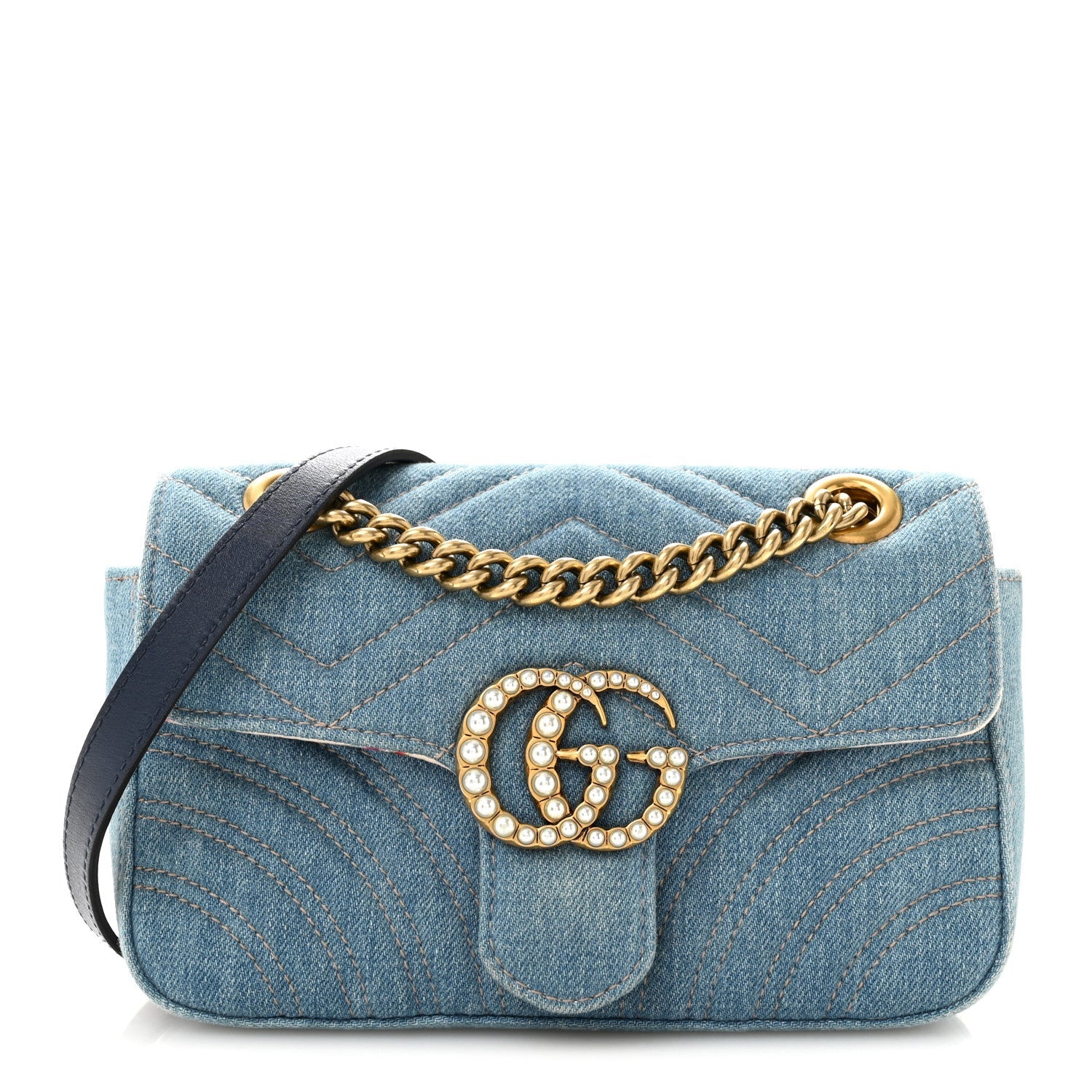 Gucci Denim Matelasse Mini Pearly GG Marmont Shoulder Bag Blue