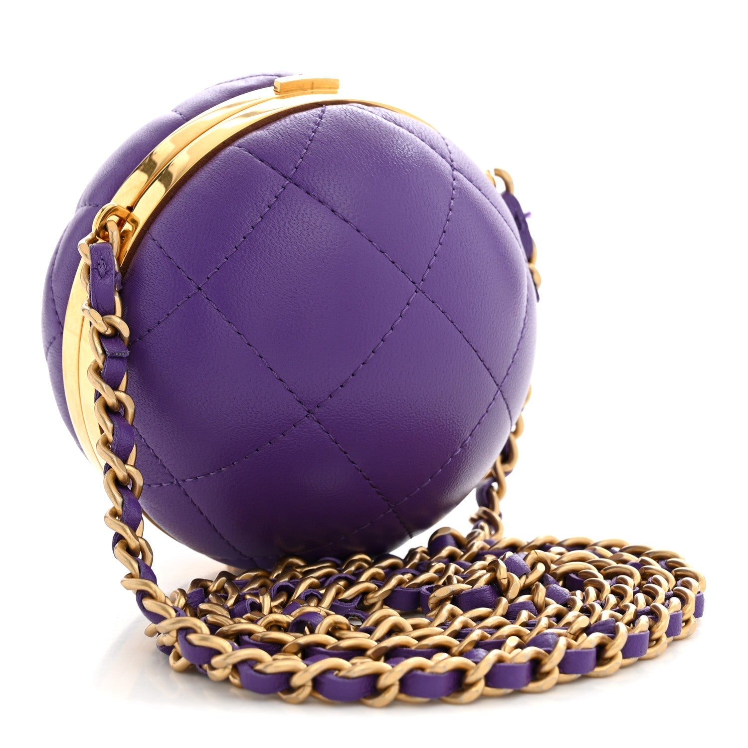 Chanel Lambskin Quilted Sphere Minaudiere Chain Clutch Purple