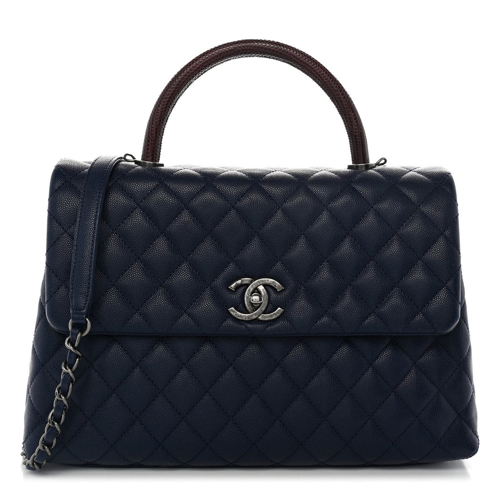 Chanel Caviar Lizard Quilted Medium Coco Handle Flap Navy