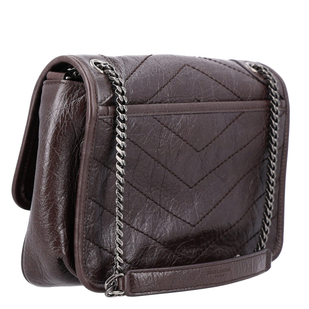 Saint Laurent Crinkled Lambskin Matelasse Monogram Baby Niki Chain Satchel Chocolate