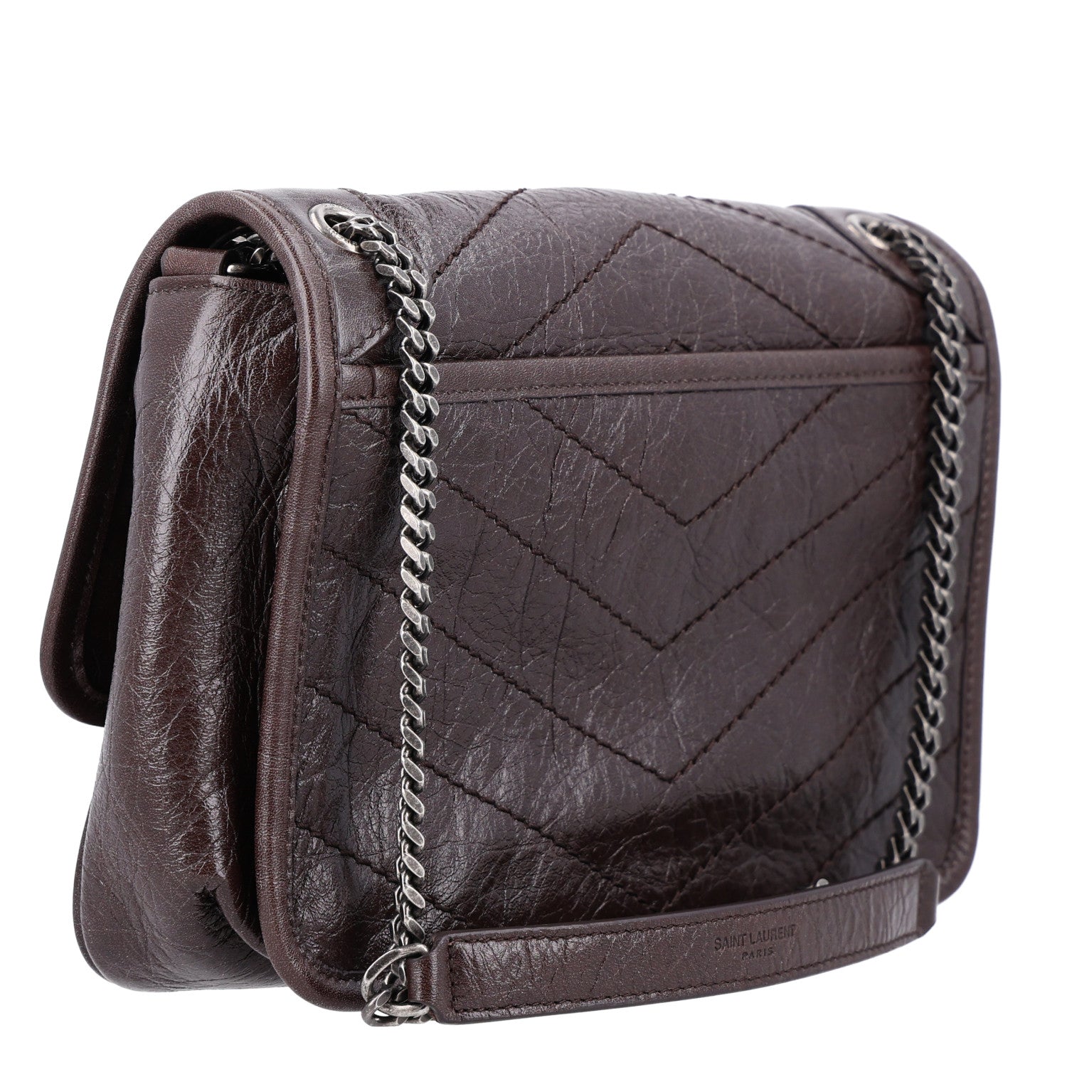 Saint Laurent Crinkled Lambskin Matelasse Monogram Baby Niki Chain Satchel Chocolate