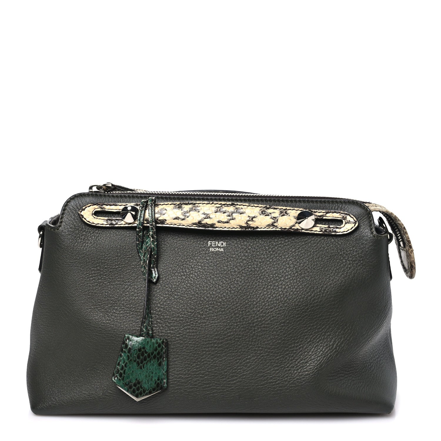 Fendi Vitello Snakeskin Medium By The Way Boston Bag Dark Green Roccia