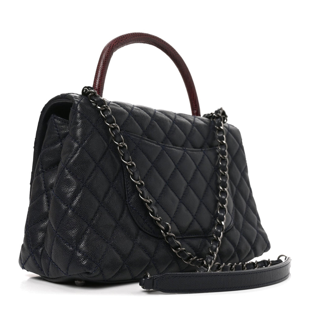 Chanel Caviar Lizard Embossed Quilted Small Coco Handle Flap Navy Blue