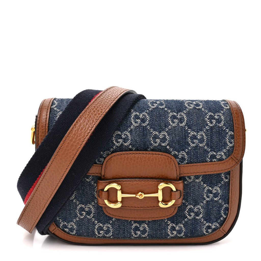 Gucci New Denim GG Monogram Dollar Calfskin Web Mini Horsebit 1955 Shoulder Bag Blue Tea Cuir Epilog