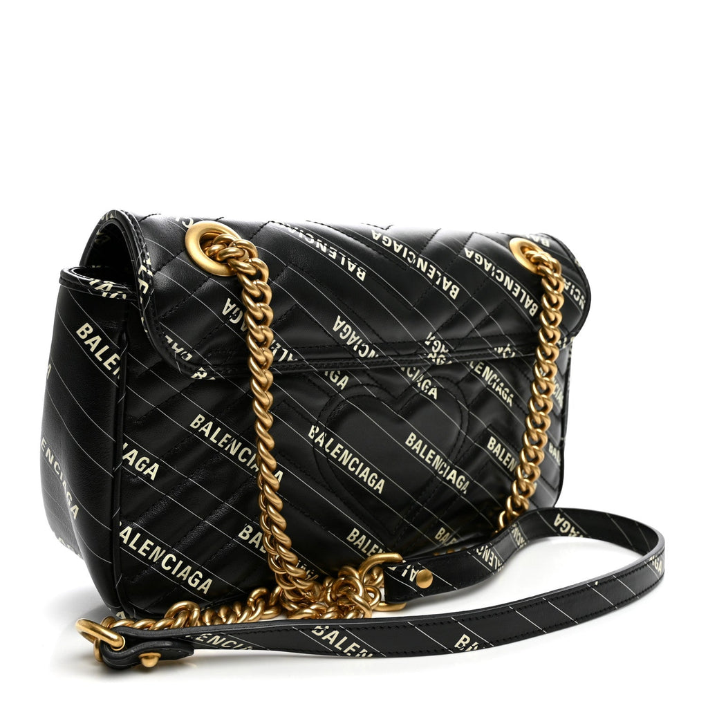 Gucci X BALENCIAGA Calfskin Matelasse Logo Print Small GG Marmont Shoulder Bag Black