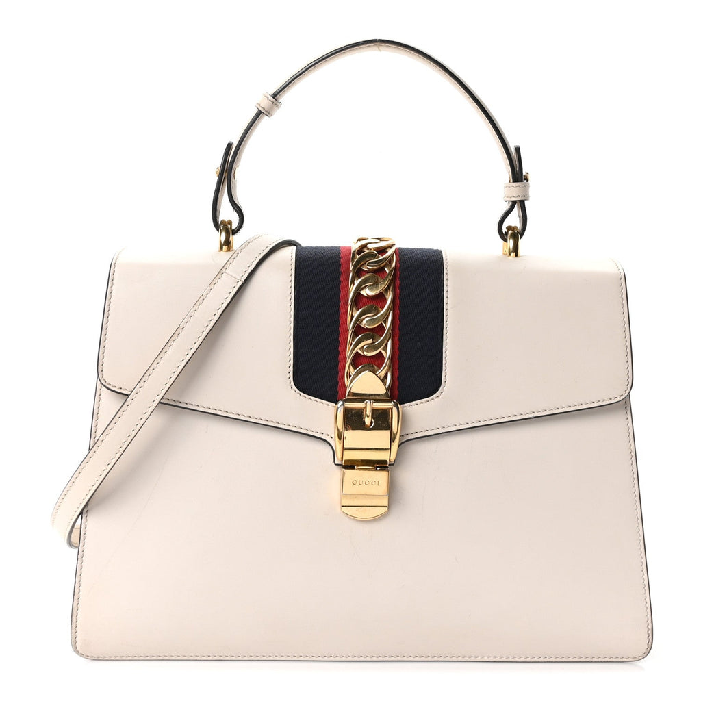 Gucci Calfskin Web Medium Sylvie Top Handle Bag White