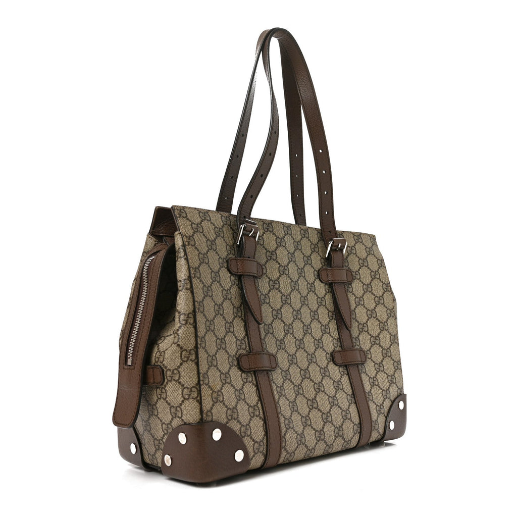 Gucci GG Supreme Monogram Textured Dollar Calfskin Small Detail Tote Beige Ebony New Acero