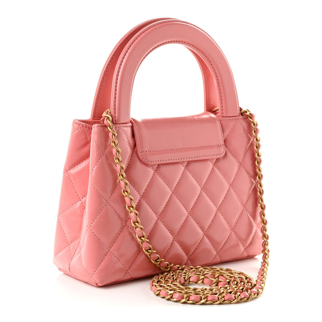 Chanel Shiny Aged Calfskin Quilted Nano Kelly Shopper Coral Pink