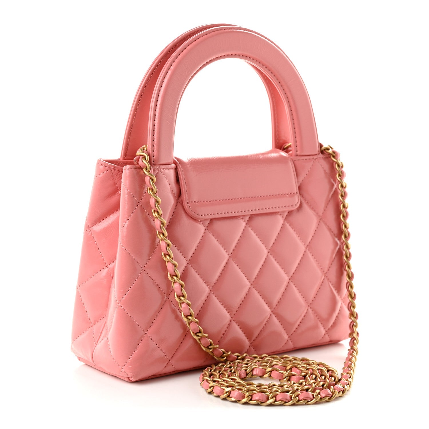 Chanel Shiny Aged Calfskin Quilted Nano Kelly Shopper Coral Pink