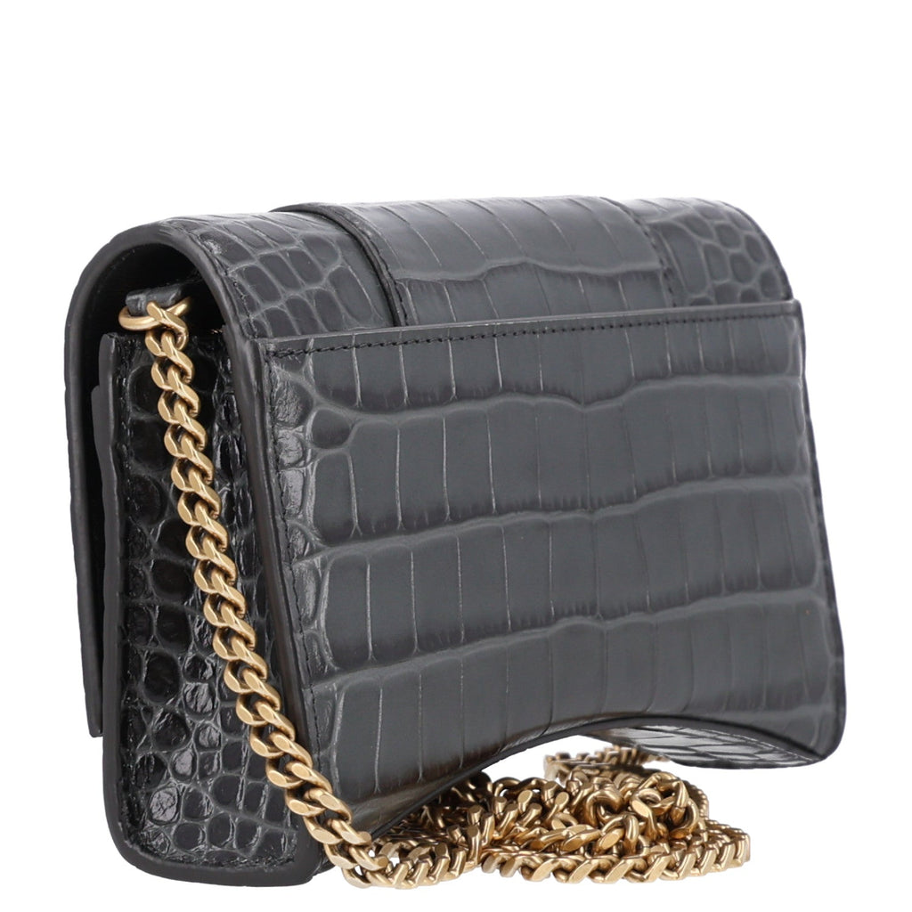 Balenciaga Shiny Calfskin Crocodile Embossed Hourglass Chain Bag Gris