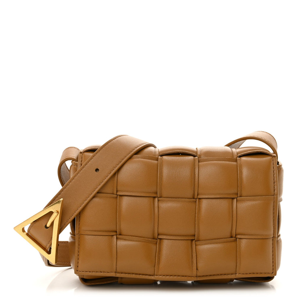 Bottega Veneta Nappa Maxi Intreccio Small Padded Cassette Crossbody Bag Camel front view