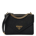 Prada Saffiano Soft Calfskin Metal Triangle Logo Envelope Chain Shoulder Bag Black