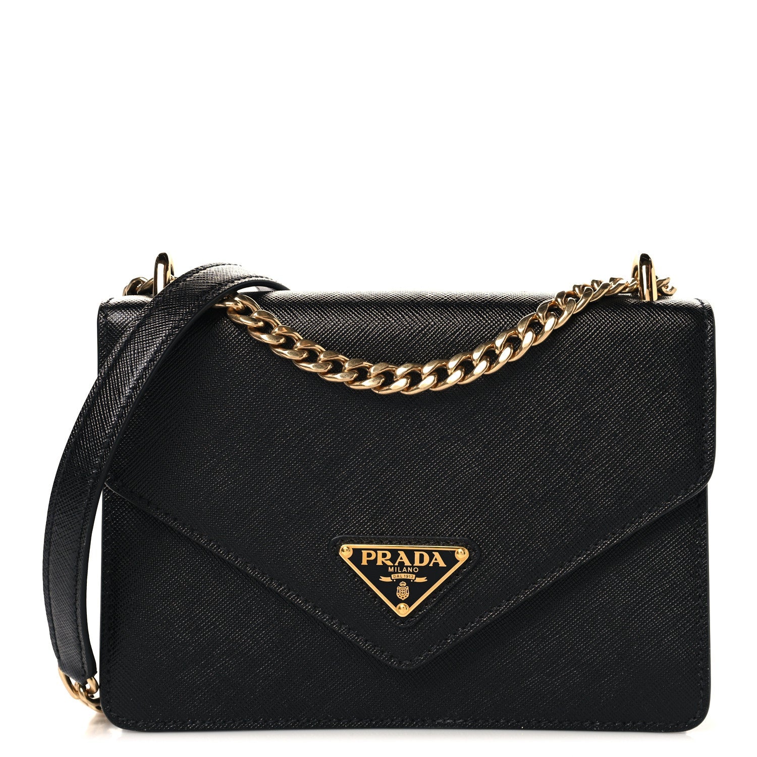 Prada Saffiano Soft Calfskin Metal Triangle Logo Envelope Chain Shoulder Bag Black