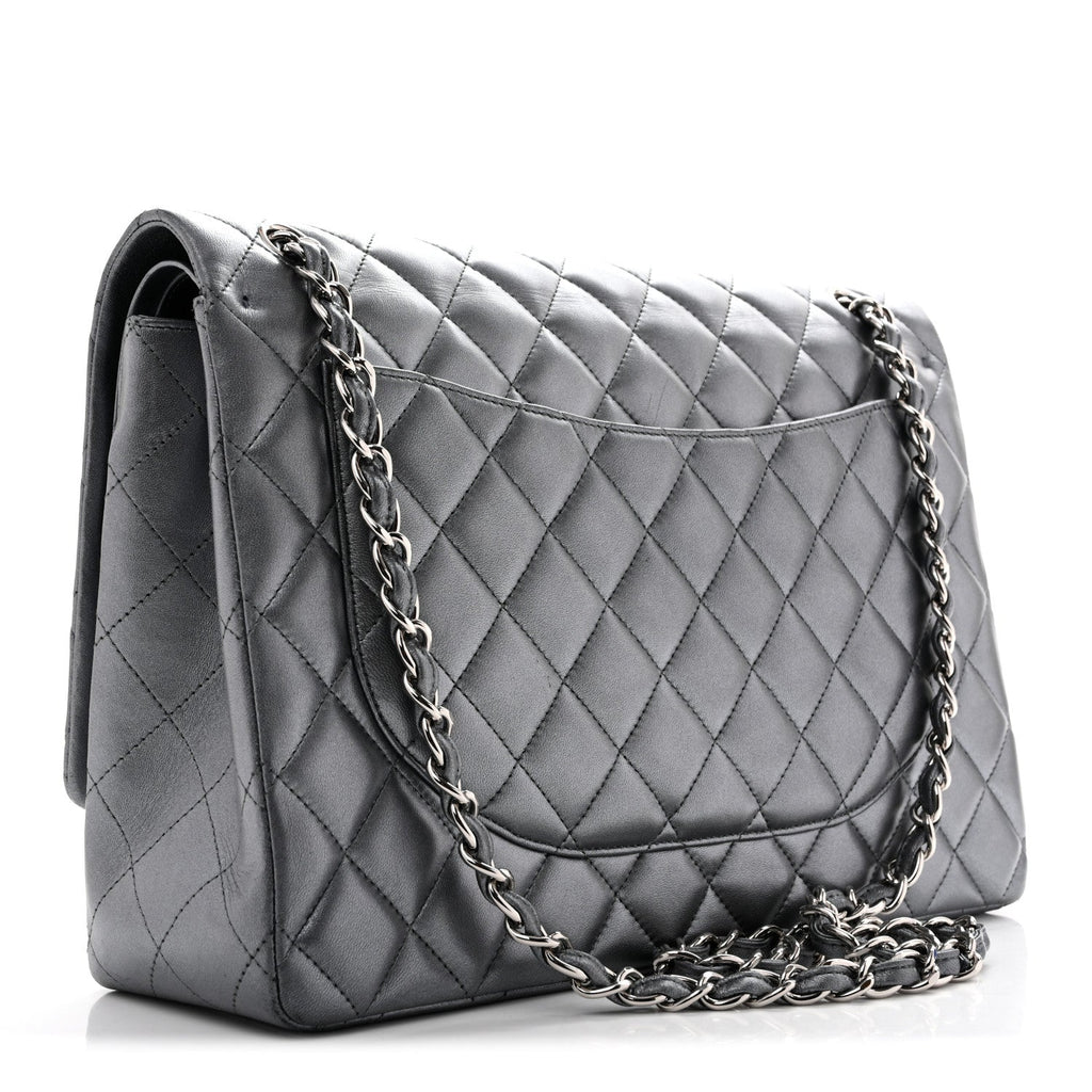 Chanel Metallic Lambskin Quilted Maxi Double Flap Pewter