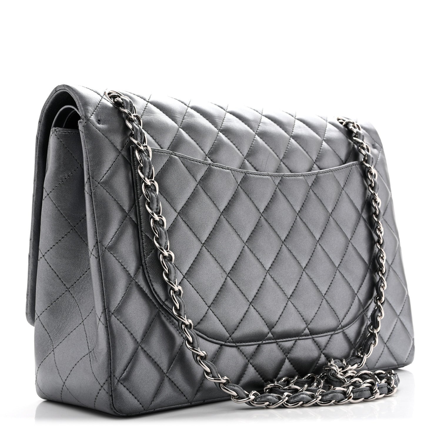 Chanel Metallic Lambskin Quilted Maxi Double Flap Pewter