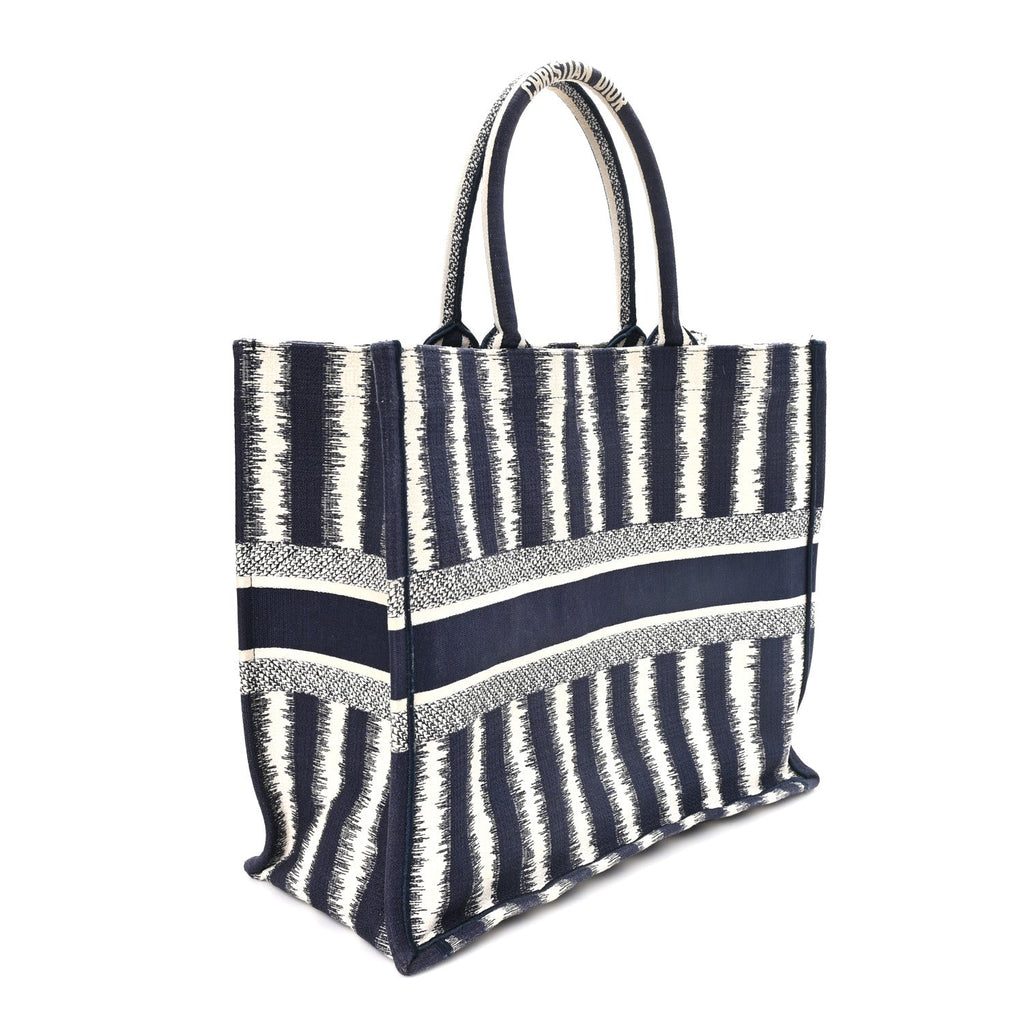 Dior Canvas Embroidered Large Striped Book Tote Navy