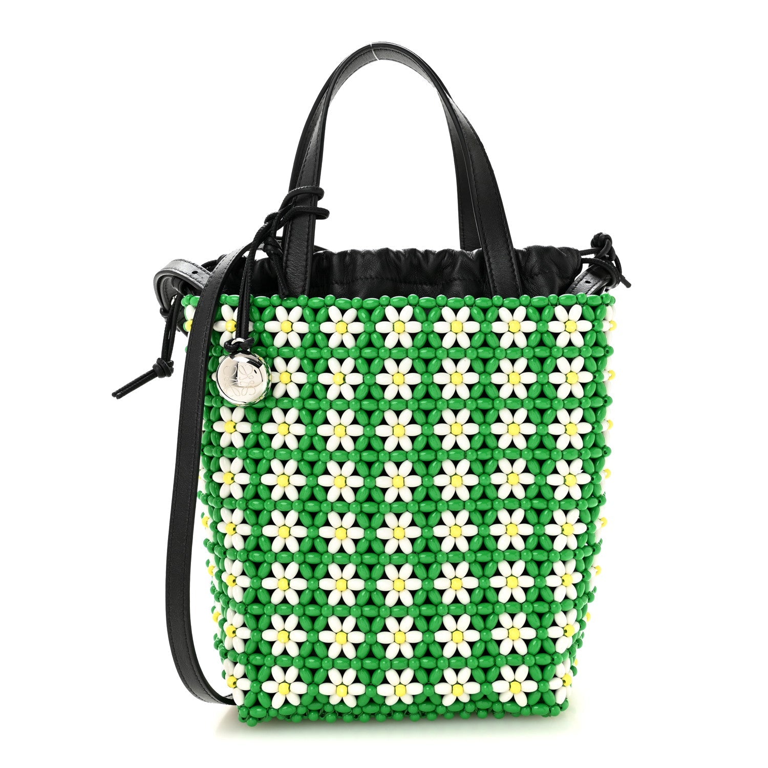 Loewe Beaded Mini Flower Drawstring Shoulder Bag Green White
