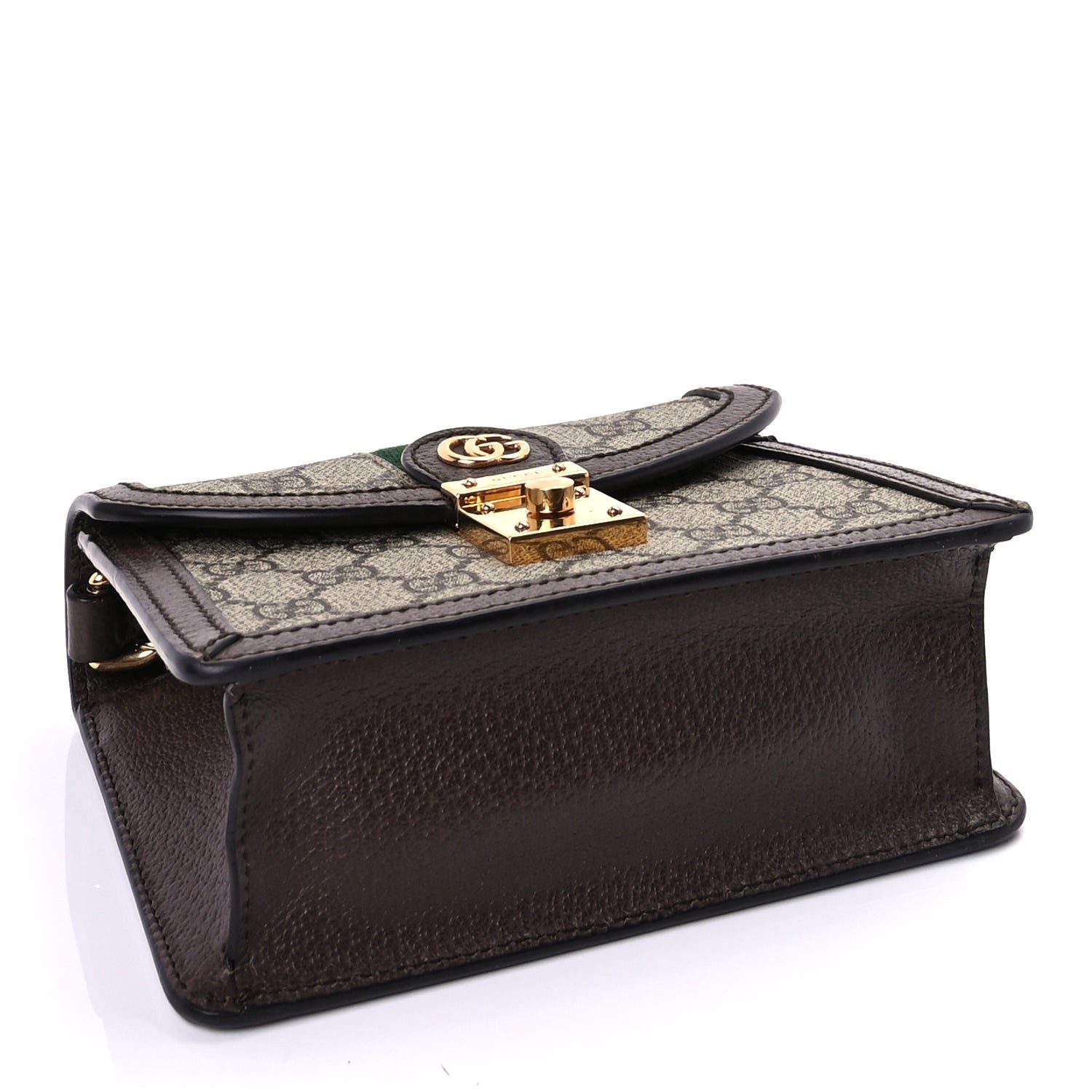 Gucci GG Supreme Monogram Textured Dollar Calfskin Web Mini Ophidia Padlock Top Handle Chain Shoulder Bag Beige Ebony New Acero
