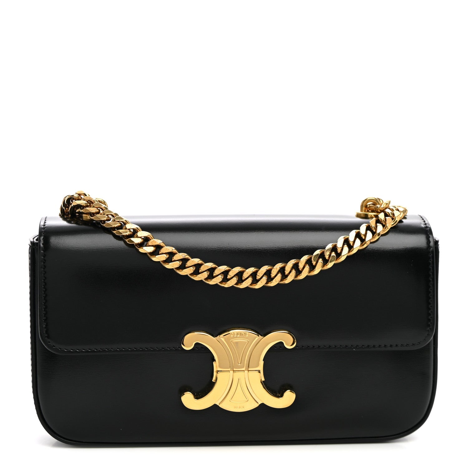 Celine Shiny Calfskin Triomphe Chain Shoulder Bag Black front view