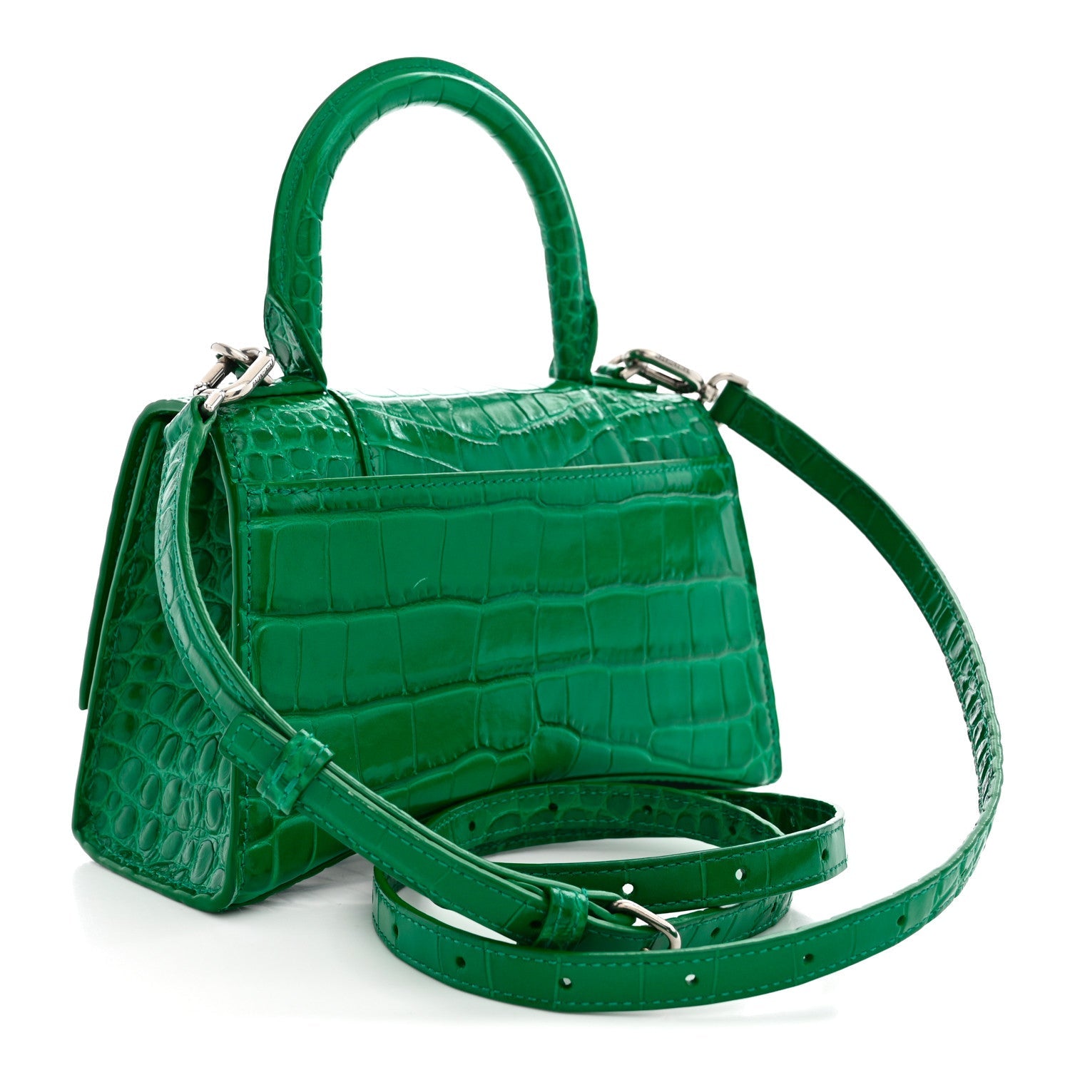 Balenciaga Shiny Calfskin Crocodile Embossed Hourglass Top Handle Bag XS Jade