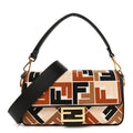 Fendi Canvas Vitello Seta FF Embroidered Baguette Brandy Black