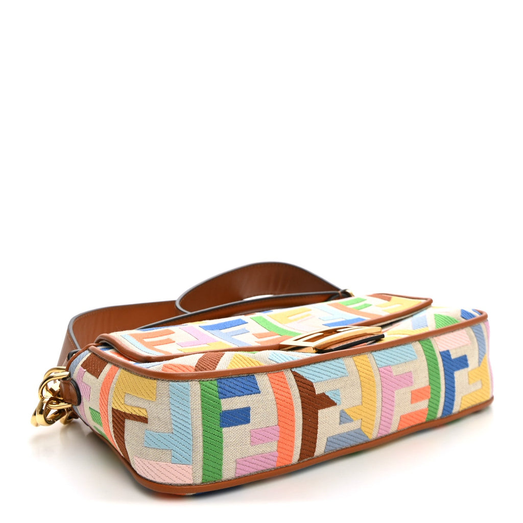 Fendi Kuban Canvas Vitello King FF Embroidered Baguette Grezzo Multicolor