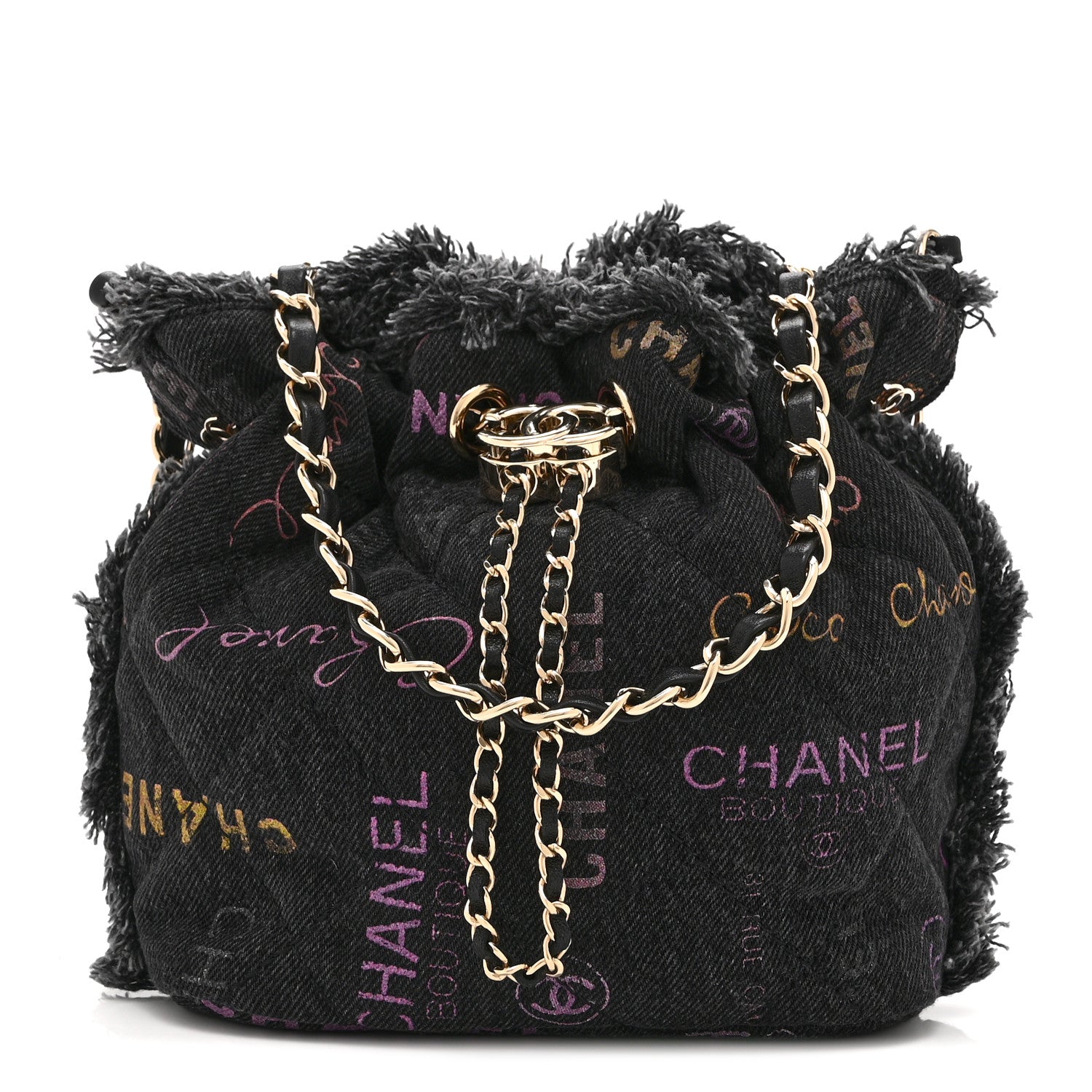 Chanel Denim Quilted Mood Small Bucket With Chain Black Multicolor