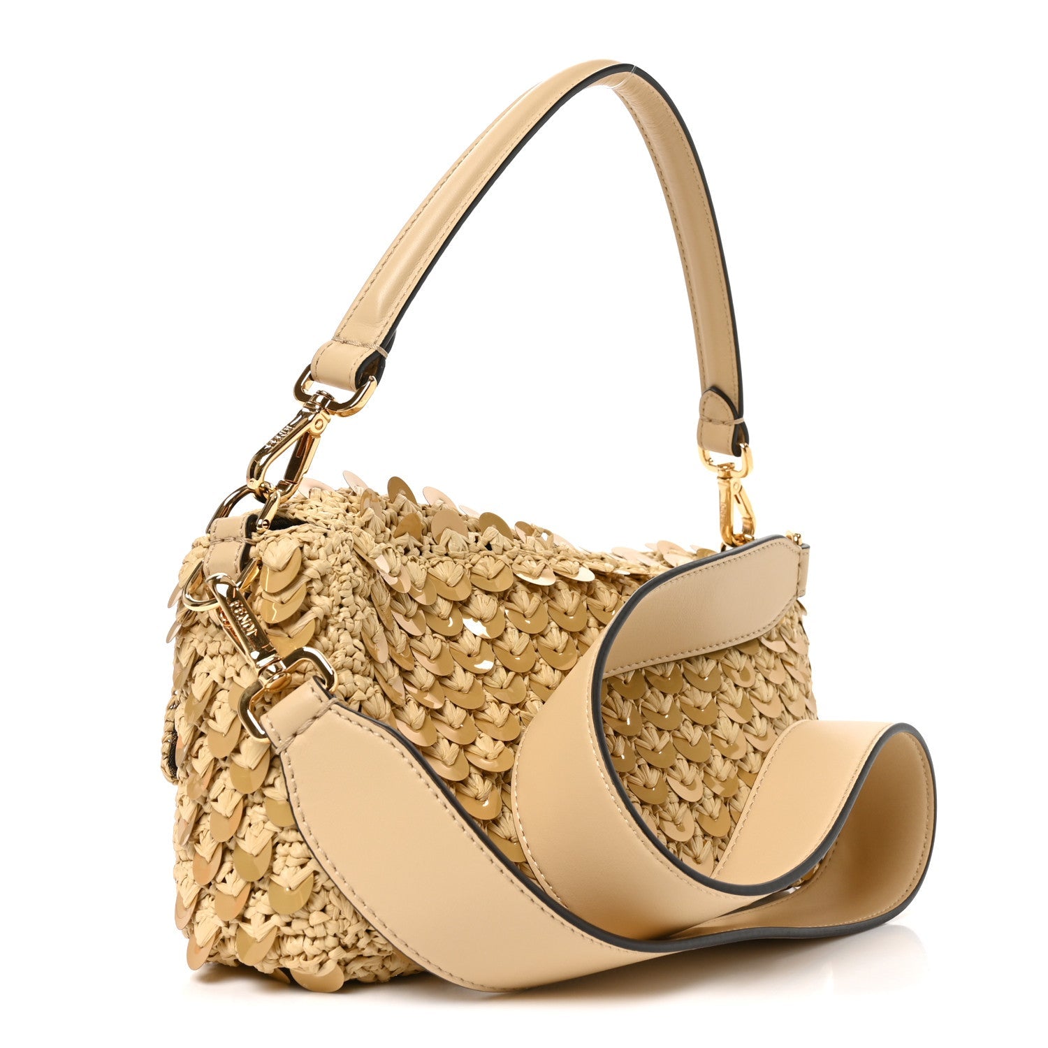 Fendi Sequin Macrame Baguette Beige Gold
