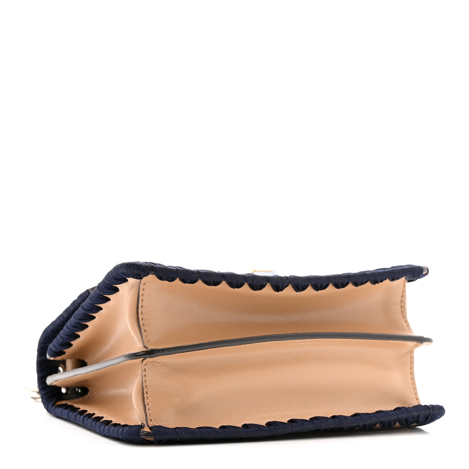 Fendi Vitello Liberty Lucido Ribbon Lace Up Studded Small Kan I Shoulder Bag Cuoio Navy