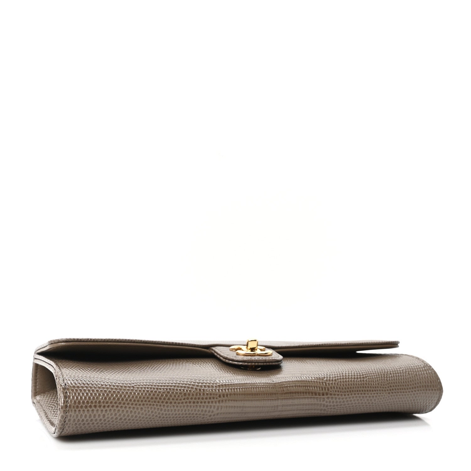 Chanel Calfskin Lizard Embossed Top Handle Long Clutch With Chain Dark Khaki