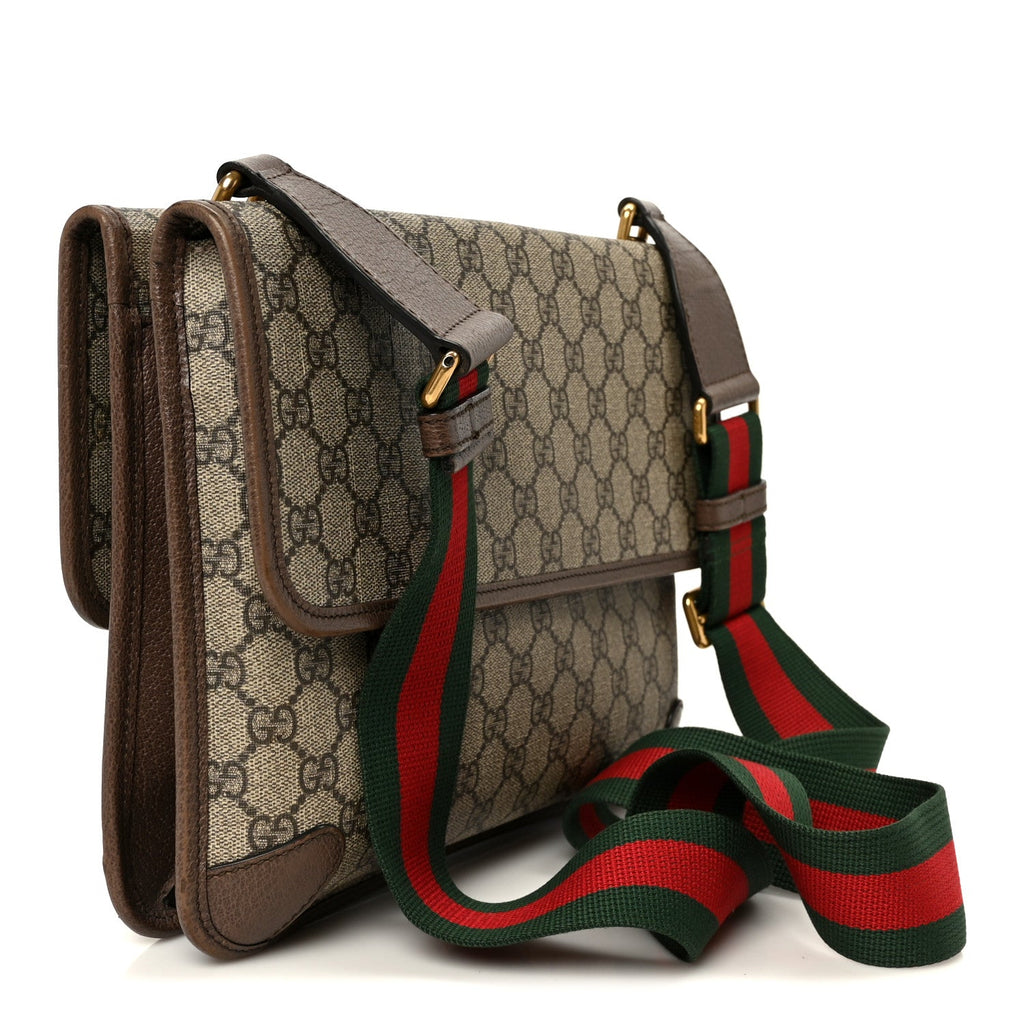 Gucci GG Supreme Monogram Web Small Neo Vintage Double Flap Messenger Bag Beige New Acero
