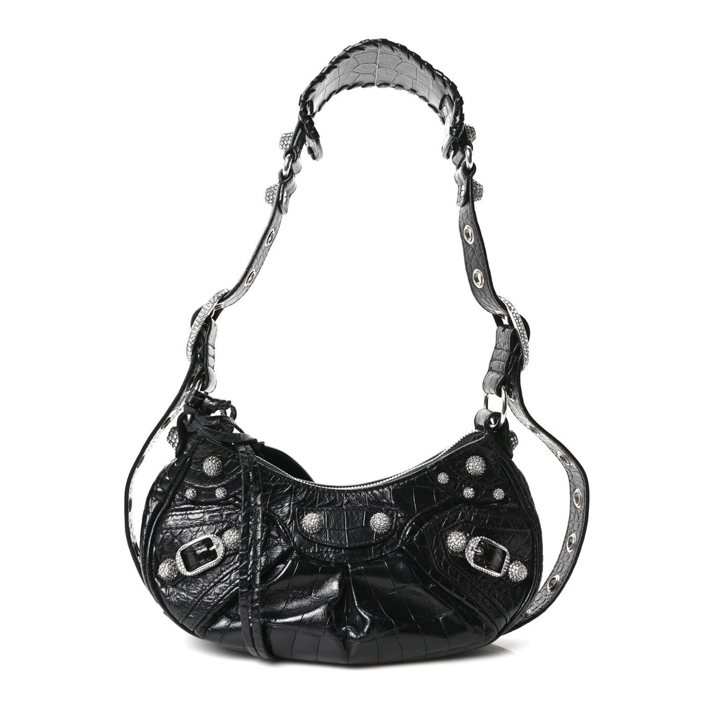 Balenciaga Extra Supple Calfskin Crystal Crocodile Embossed Le Cagole Shoulder Bag XS Black