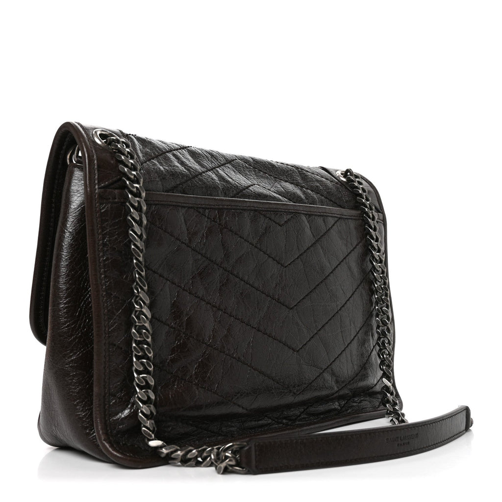 Saint Laurent Crinkled Calfskin Matelasse Monogram Medium Niki Chain Satchel Moka