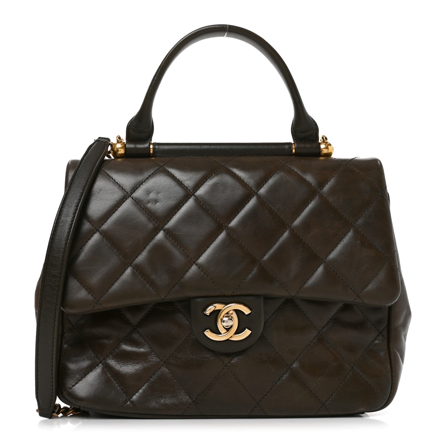 Chanel Calfskin Quilted Medium Gold Bar Top Handle Flap Dark Khaki