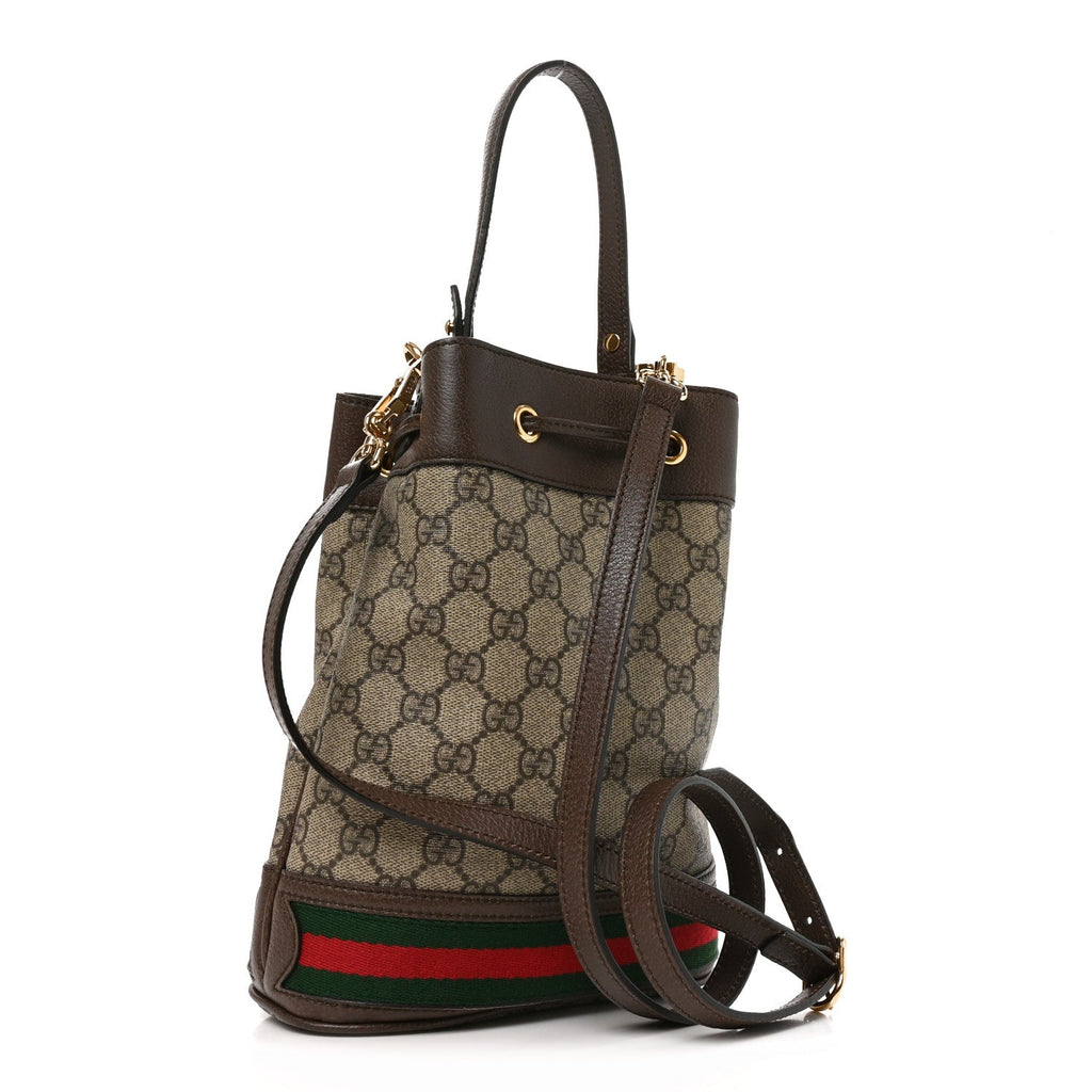 Gucci GG Supreme Monogram Web Small Ophidia Bucket Bag Brown side view