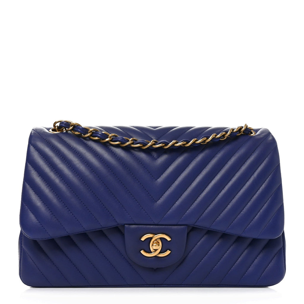Chanel Lambskin Chevron Quilted Jumbo Double Flap Navy Blue
