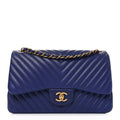 Chanel Lambskin Chevron Quilted Jumbo Double Flap Navy Blue