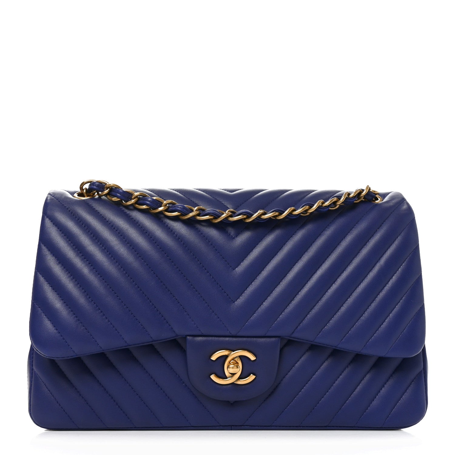 Chanel Lambskin Chevron Quilted Jumbo Double Flap Navy Blue