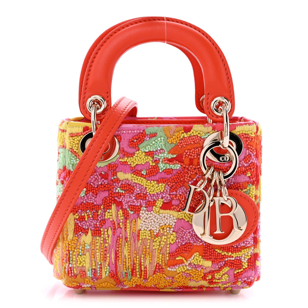 Dior Beaded Embroidery Lambskin Micro Lady Dior Orange Multicolor
