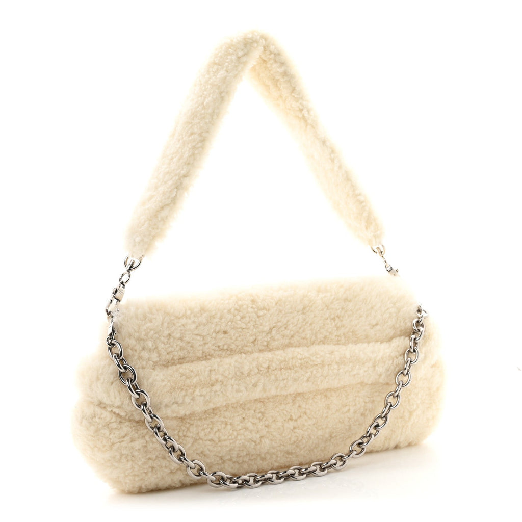 Gucci Merino Wool Medium Maxi Horsebit Chain Shoulder Bag Off White