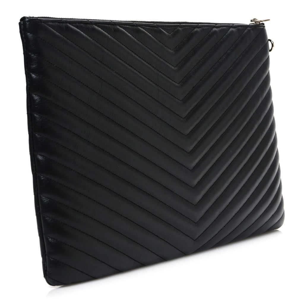Saint Laurent Calfskin Matelasse Chevron Monogram Document Holder Black