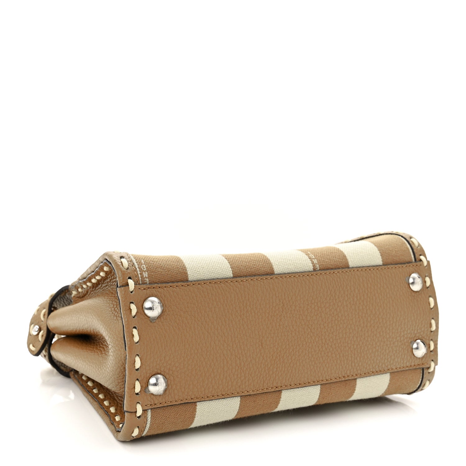 Fendi Cuoio Romano Canvas Pequin Striped Selleria Mini Peekaboo Iconic Satchel Beige Sand