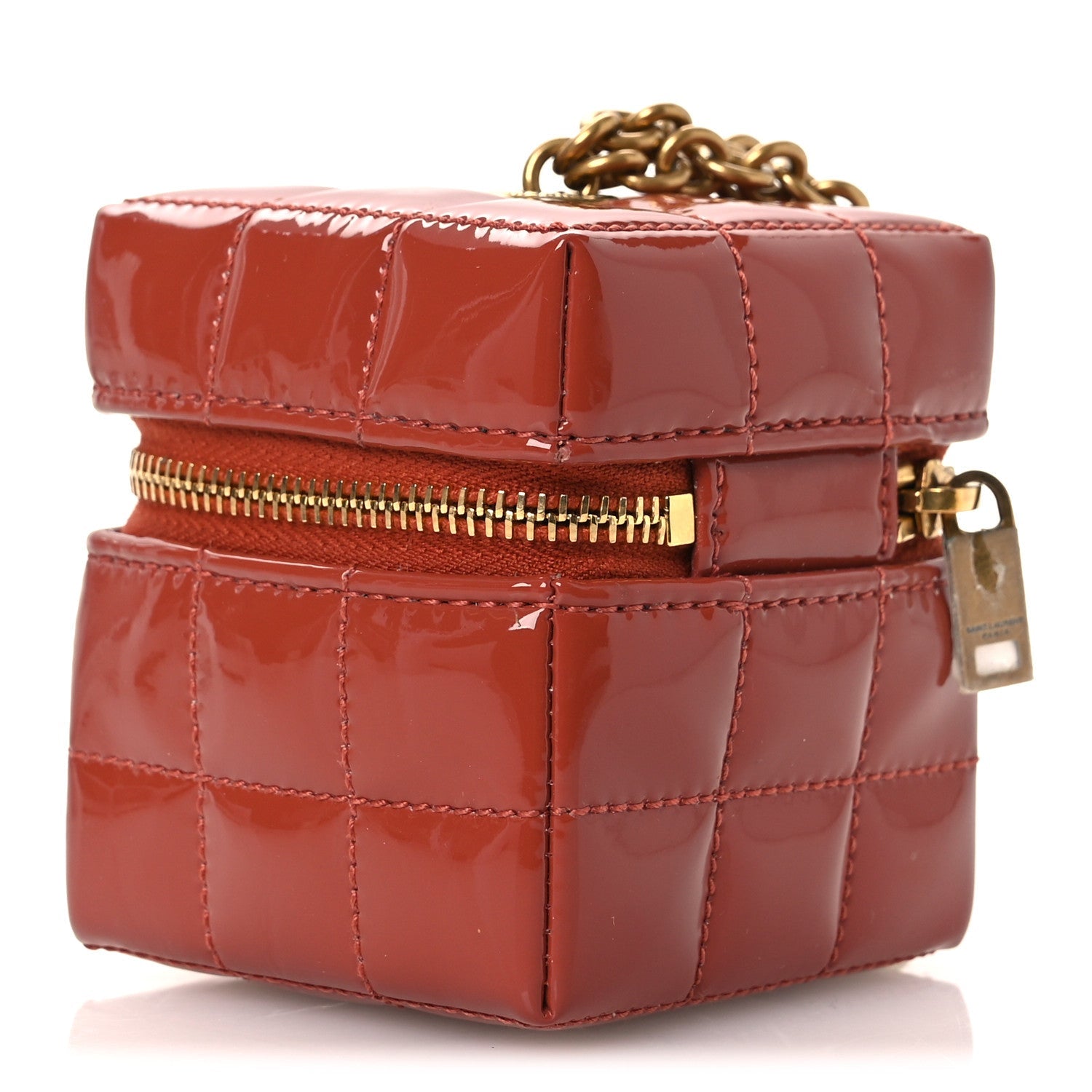 Saint Laurent Patent Calfskin Cassandre Matelasse Carre Mini Cube On Chain Mild Rose