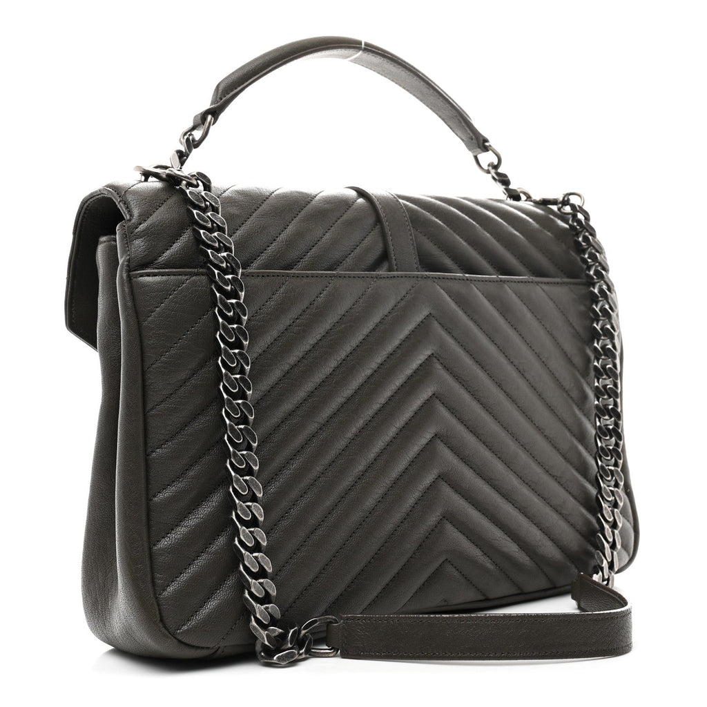 Saint Laurent Sheepskin Matelasse Chevron Monogram Large College Satchel Dark Anthracite