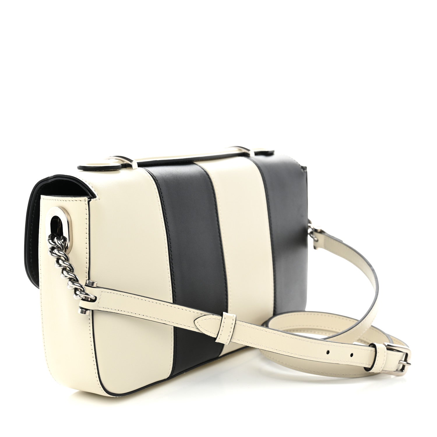 Gucci Senna Calfskin Lines Petite GG Top Handle Shoulder Bag Black Mystic White