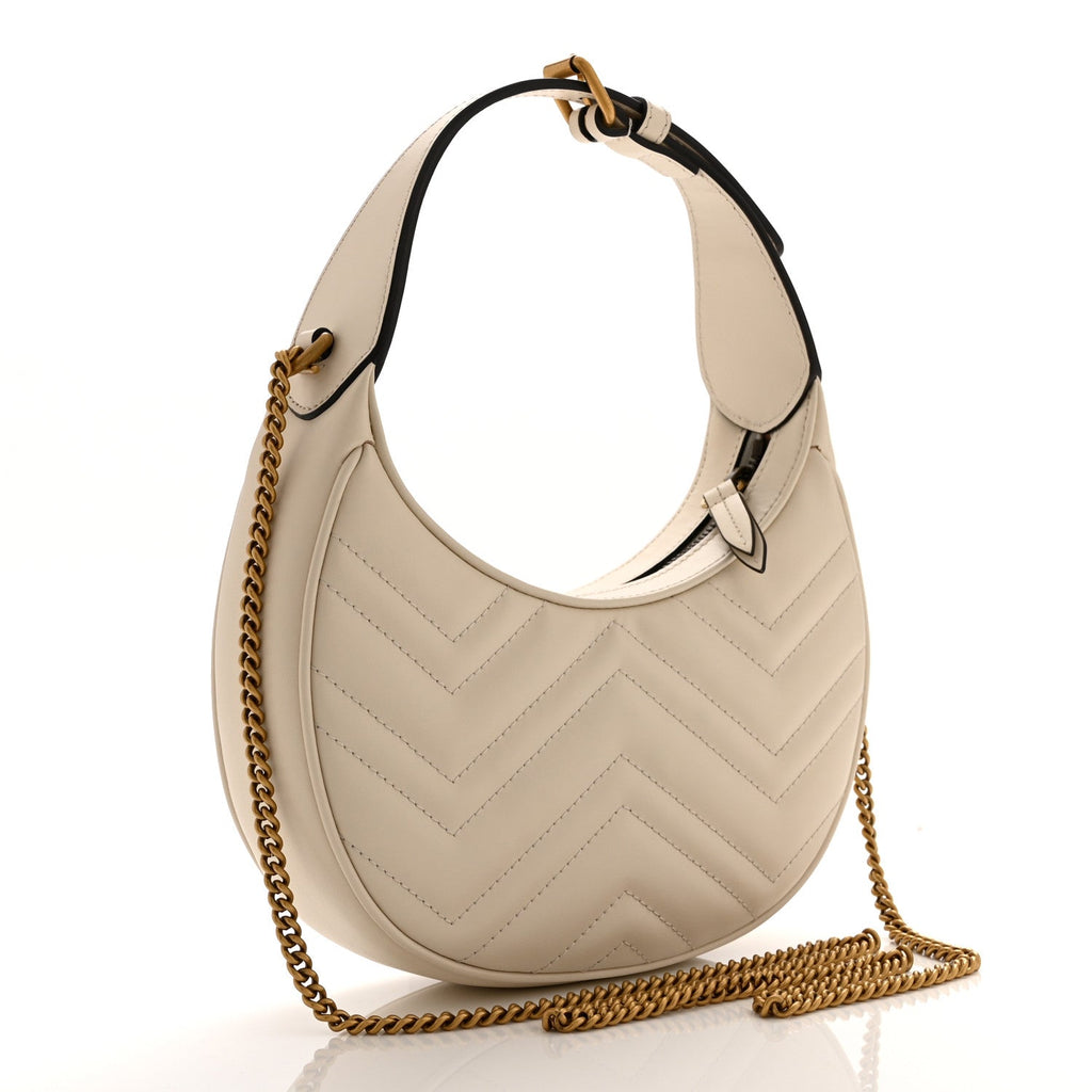 Gucci Calfskin Matelasse Chevron Mini GG Marmont Half Moon Hobo Mystic White