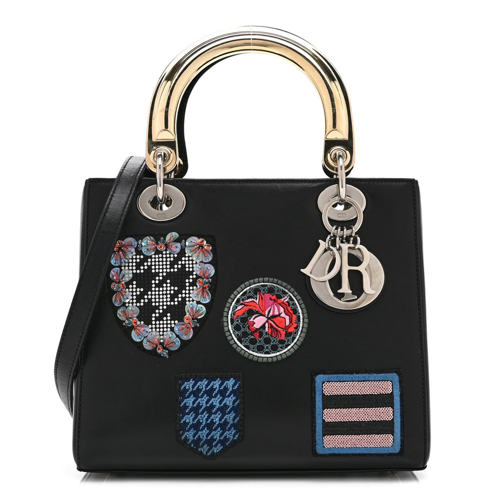 Dior Smooth Calfskin Embroidered Beaded Floral Medium Lady Dior Black